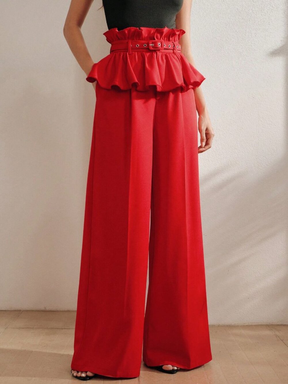 Red elegant Women's High-Waisted Wide Leg Pants - Picture 5 of 7